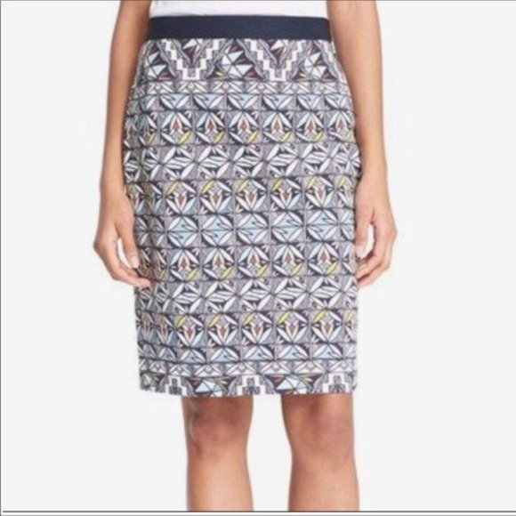Tory Burch Acoma Geometric Aztec Riviera Blue Stretch Pencil Skirt Size M